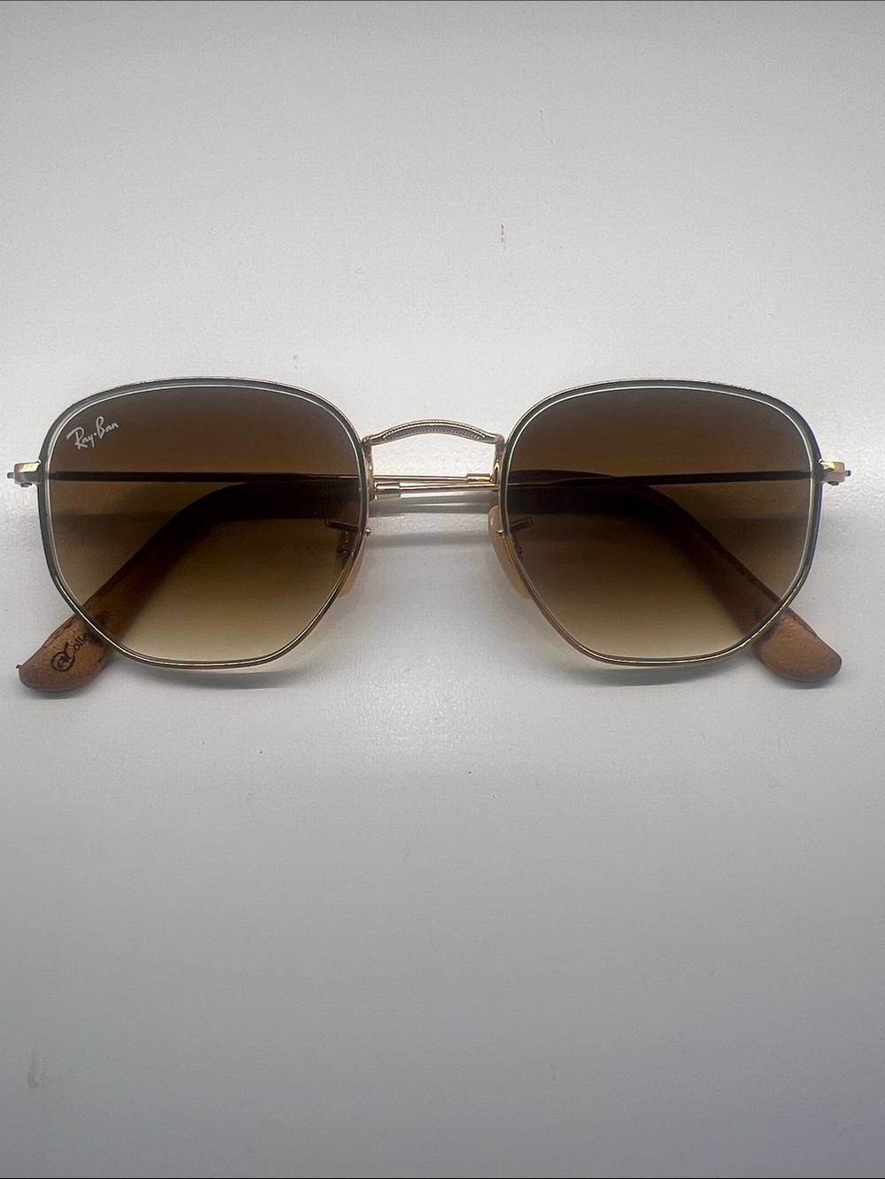 Ray-Ban Gold Frame Brown Sunglasses with Leather Case Hexagon Flat lenses - Picture 6 of 7